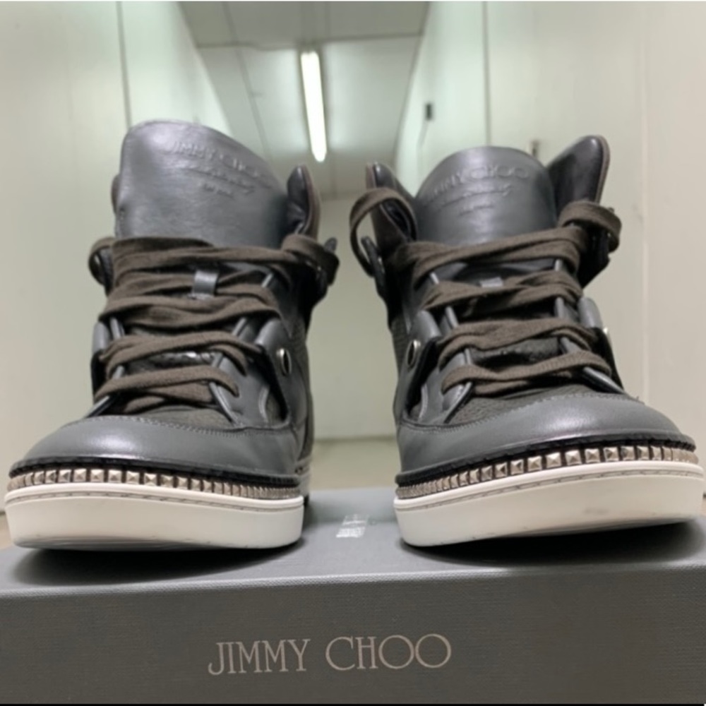Jimmy Choo Men's High-Top Sneakers in Dark Olive/Black - Picture 2 of 4